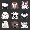 Set of cute stylized winter animals. Penguin, walrus, dog, hare, leopard, owl, Navy seal and Arctic Fox sit on a dark background. Royalty Free Stock Photo